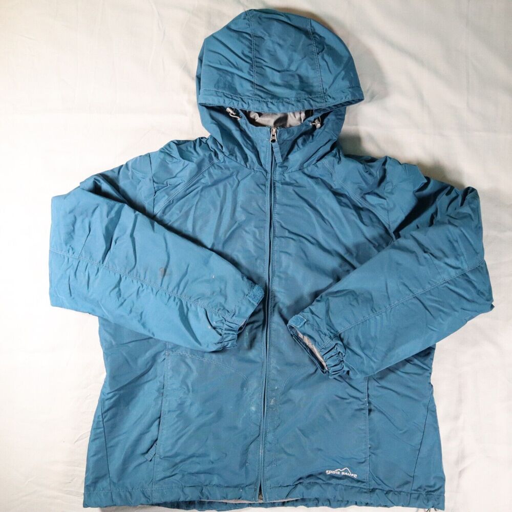 Womens Eddie Bauer Blue Fleece Lined Hooded Nylon Thermore Jacket Coat XL